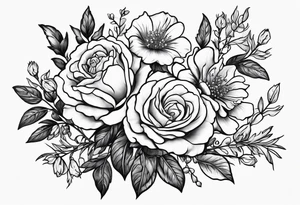 roses, carnations, daisies, larkspur, olive stem tattoo idea