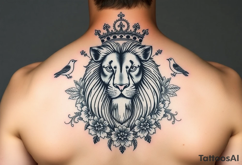 powerful majestic lion with a crown, surrounded by floral ornaments and birds tattoo idea