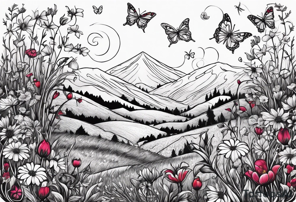 Wildflower field with "Ruby" in calligraphy font and butterflies around it tattoo idea