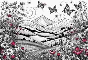Wildflower field with "Ruby" in calligraphy font and butterflies around it tattoo idea