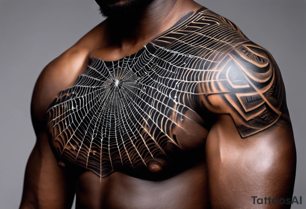 Design a powerful inner bicep tattoo for a dark-skinned black male featuring Anansi the Spider from Ghanaian mythology. Anansi is depicted weaving a web made from bright, crackling lightning bolts. The web extends outward from the center of the design, creating an intricate, flowing pattern. The lightning web should be sharp and dynamic, symbolizing energy and power, while Anansi sits calmly at the center, representing wisdom and control.

The spider should have a stylized, bold appearance, with strong, clean lines that stand out on dark skin. The lightning bolts in the web should feature bright, vivid colors like electric blue or white, contrasting well against the dark skin tone. Surrounding the web, subtle clouds or storm elements should fade into the background to create depth and dimension without overpowering the central design. Ensure that the web and lightning bolts are the primary focus, with fine detail that reflects both strength and intellect.”
Inner bicep tattoo idea