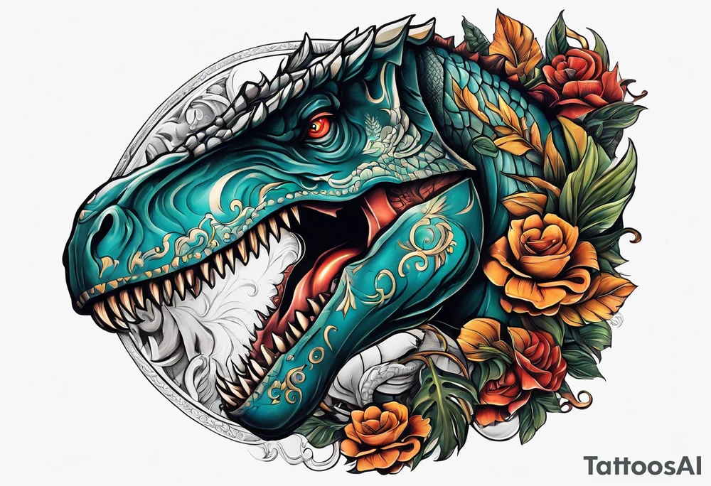 Greek god right arm sleeve with a small t-Rex tattoo idea