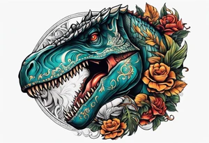 Greek god right arm sleeve with a small t-Rex tattoo idea