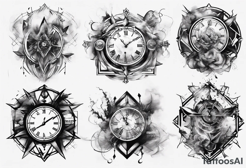 Geometric broken clock surrounded by smoke tattoo idea