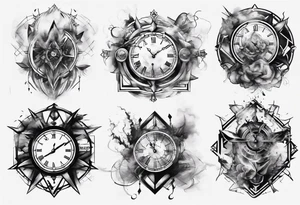 Geometric broken clock surrounded by smoke tattoo idea