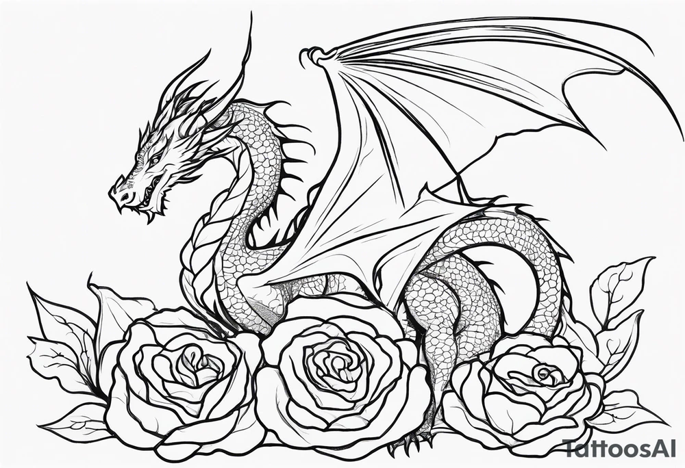 I need a fluid single line vertical drawing of a winged western style dragon whose body is wrapped around a poppy rose. The dragon should be a western dragon and the drawing should be drawn as if the pencil never left the page. It needs to fit on a biceps as a tattoo and the image symbolizes a father protecting his child. tattoo idea