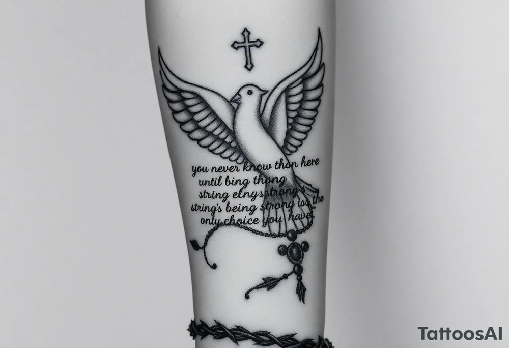 on the entire front arm the whole one its a black person skin and on the wrist is thorns on front of that is a dove and middle theres words that say you never know how strong you are until being strong is the only choice you have with prayer beads around all the words while also having a unique cross on the side of the dove near the area and and above the words theres also a bigger dove and i want a unwiue cross on the side of that too the diver is below the elbow also i want barbed wite wings on the doves and in the body of the dove by the wrist a small number 7 and on the body of the bigger dove i want it to say 1984 also do some nice shading around whats not filled kinda dark but like like super heavenly realistic clouds kinda super realistic and stuff this is all on the whole feont arm covering it tattoo idea