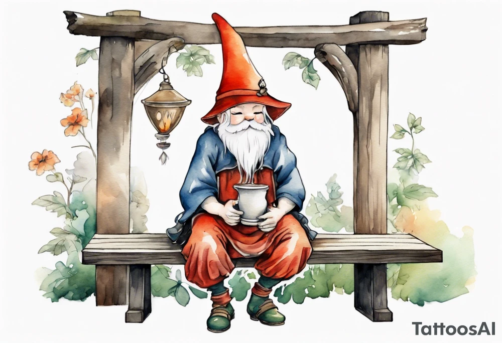 a mushroom gnome
wearing a medieval tunic sitting on a bench by a fireplace drinking from a wood cup, happy tattoo idea