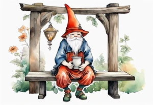 a mushroom gnome
wearing a medieval tunic sitting on a bench by a fireplace drinking from a wood cup, happy tattoo idea