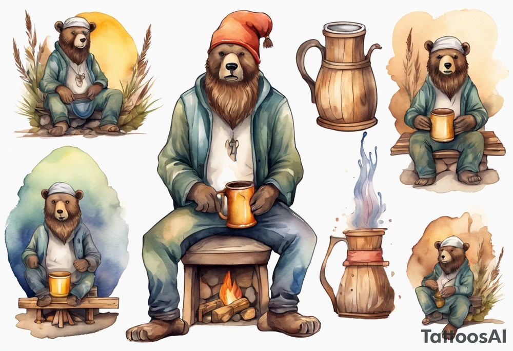 a solitary bear-human hybrid with a long beard wearing a tunic and Phrygian cap, sitting on a stool by the hearth, drinking from a wooden mug, smiling, drunk, reed cheeks tattoo idea