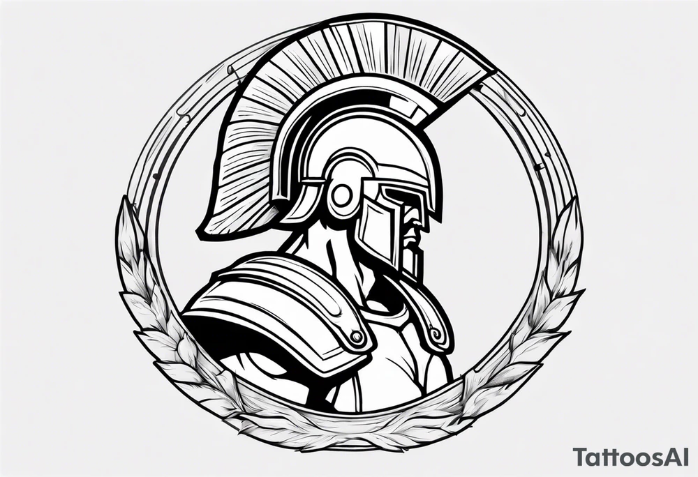rectangular landscape format ultra-fine line linework vector of a spartan from the side, spartan spear, spartan shield, laurel wreath tattoo idea