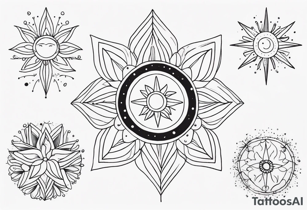 fine line with sun, stars, floral, dots. Sternum tattoo tattoo idea