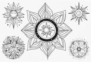 fine line with sun, stars, floral, dots. Sternum tattoo tattoo idea