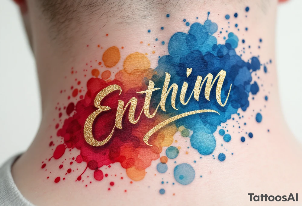 Watercolor script fading from red to gold to blue, symbolizing emotional progression. tattoo idea