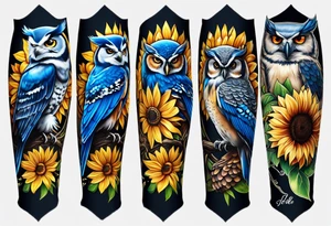 A lower forearm sleeve full colour owl with honeycomb background with blue Jay's, chickadees, sunflowers, honeysuckle, sweet peas tattoo idea