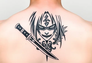 itachi from Naruto in a kunai with his anbu mask and uchiha crest tattoo idea