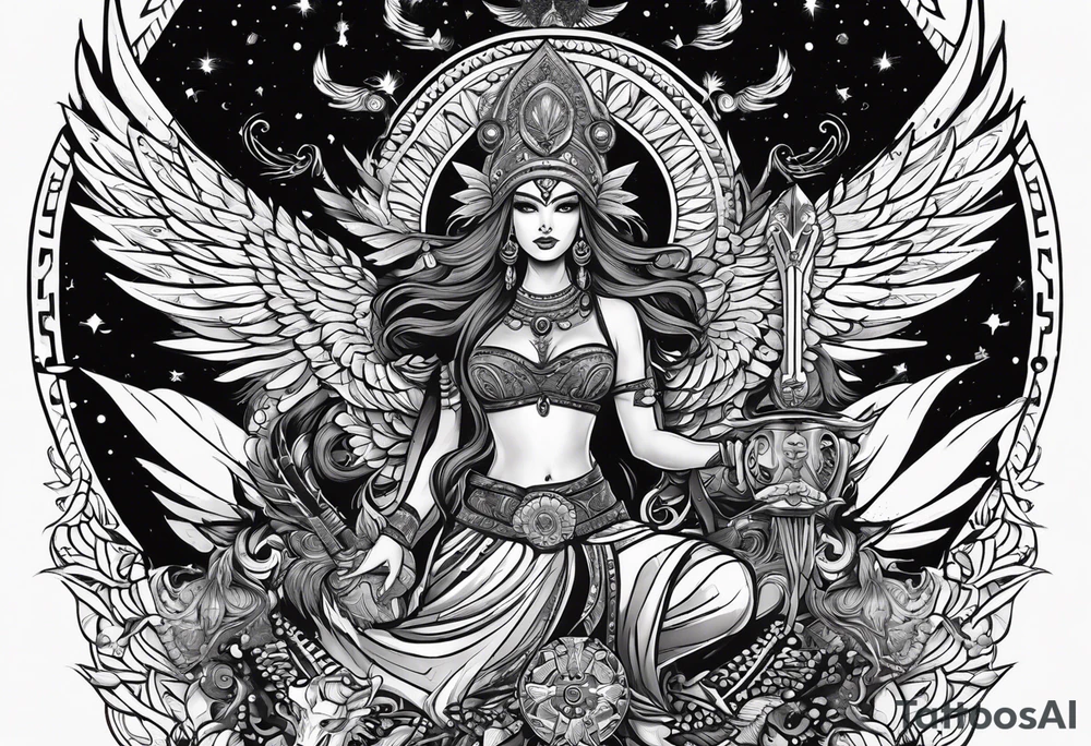 black kali, goddess pirate, alien, pachamama, valkrye, warrior, skull, lotus azul, wing, eagle, zenza resonance, stars, 5D tattoo idea