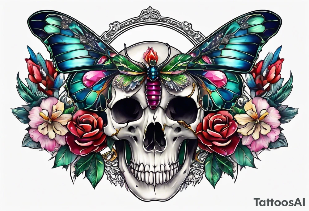 Flower chest piece, small animal skull, crystals, moth tattoo idea