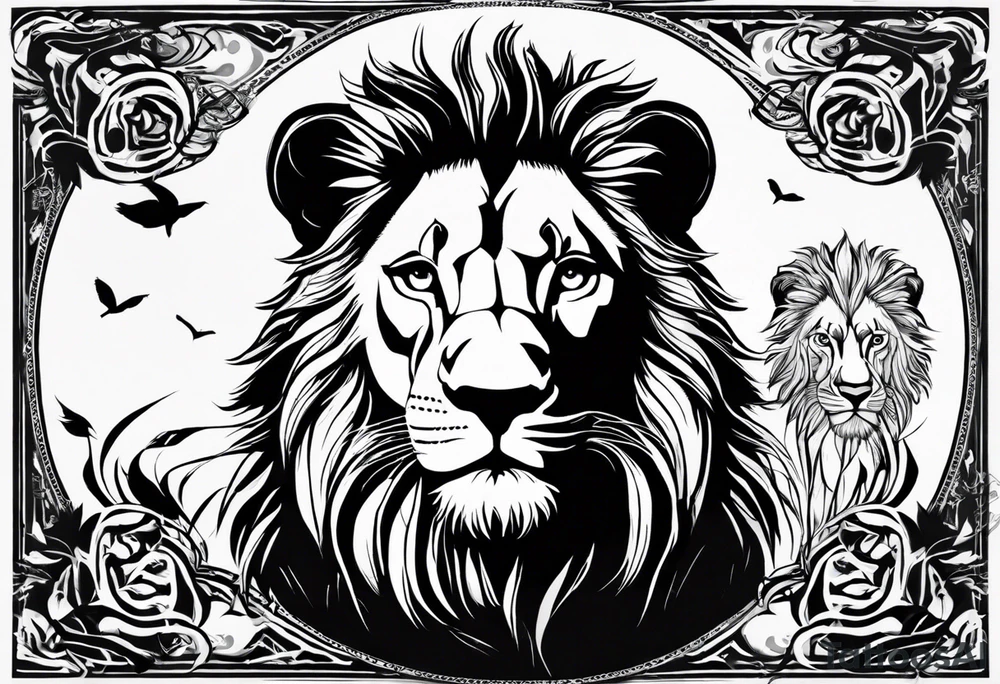 black and white tattoo featuring a lion, lioness, and lion cub. The lion faces upward towards the sky, looking in the opposite direction of the lioness. The lion cub is positioned below them, looking up.   Inspired by the lion king tattoo idea