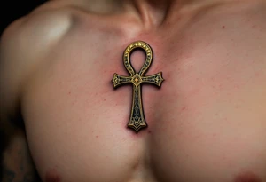 A gold and black Ankh resting in the center of the chest, symbolizing eternal life and divine energy. tattoo idea