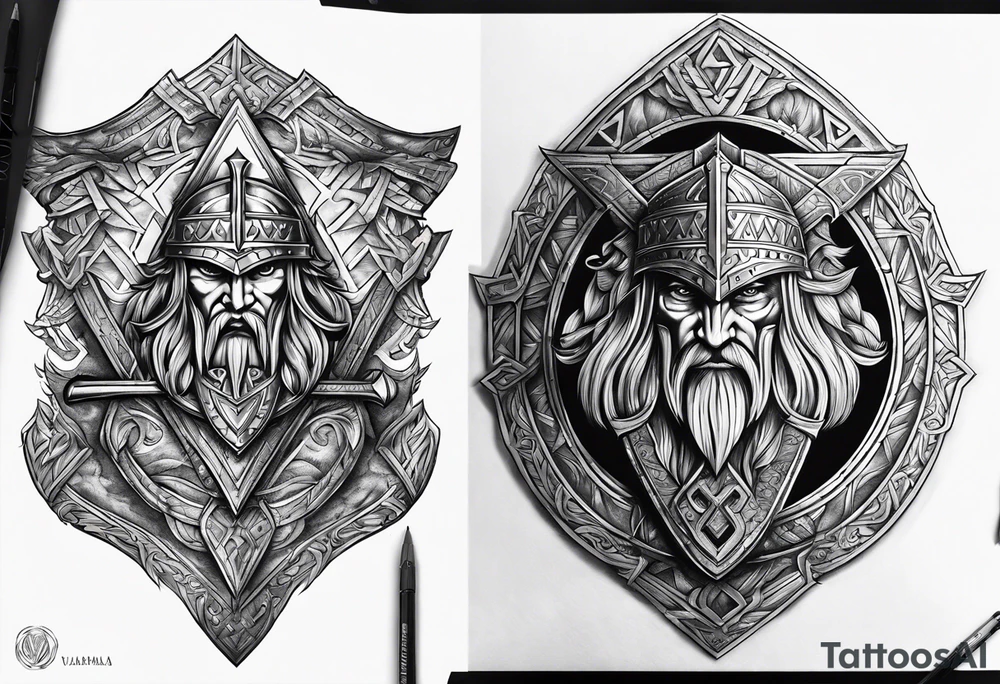 Valhalla shield sword axe Valknut fire armour tattoo idea