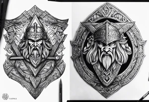 Valhalla shield sword axe Valknut fire armour tattoo idea