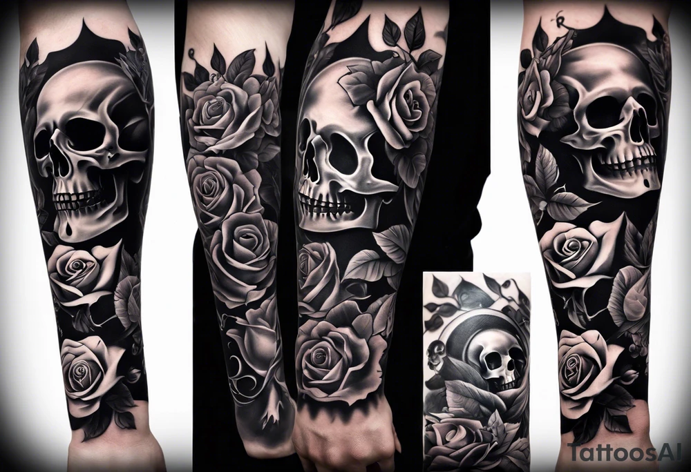 Full arm sleeve incorporating the four aces in a deck of cards, skulls, daggers, roses, thorns and the names: Ace, Willow, and Rider. Background is smoke. tattoo idea