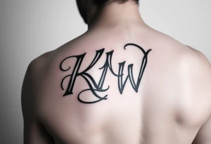 letters only fancy but rugged twisted and intertwined circular arched curvy lettering (KM ) almost like the the roca wear symbol clothing brand trademark RW but with KM tattoo idea