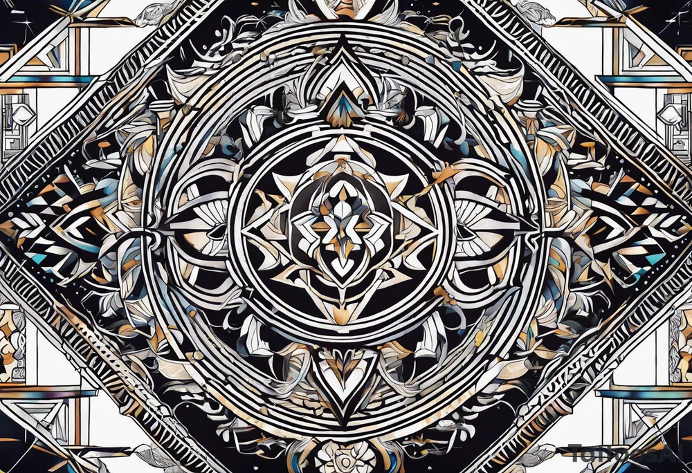Geometric tapestry with trident and and marathon on arm tattoo idea