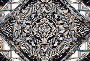 Geometric tapestry with trident and and marathon on arm tattoo idea