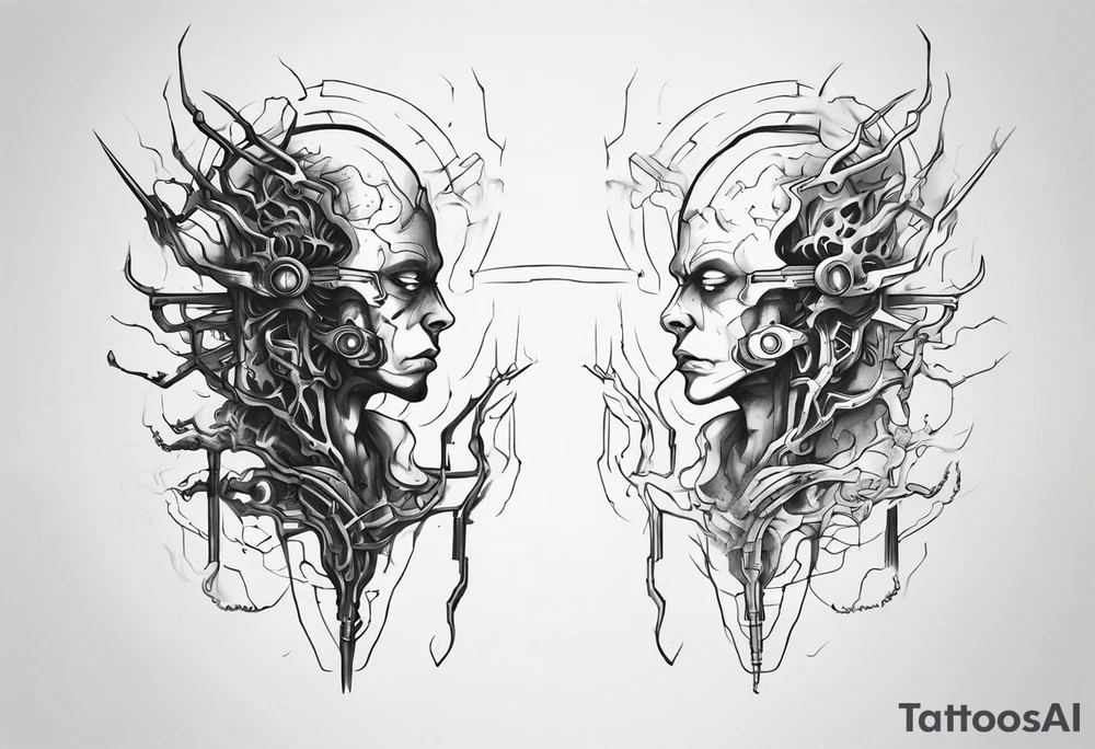 minimalist cyberpunk upper arm design from the shoulder that depicts heaven and hell with neuron projecting downwards. tattoo idea