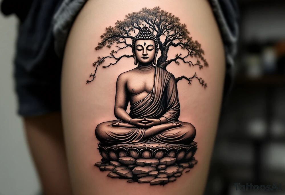 Buddha Sitting in Meditation – The iconic seated posture under the Bodhi tree, in soft sepia, black and gray, or gold ink. tattoo idea
