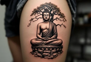 Buddha Sitting in Meditation – The iconic seated posture under the Bodhi tree, in soft sepia, black and gray, or gold ink. tattoo idea