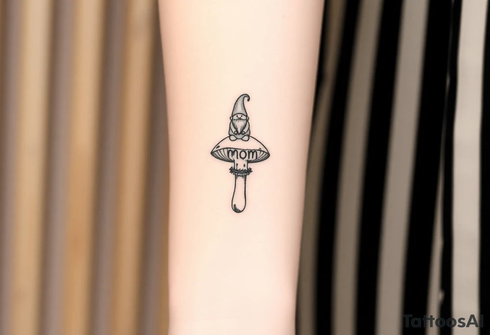 Mushroom with word mom on it with gnome sitting on top tattoo idea