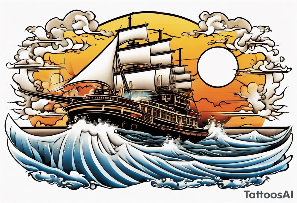 steam boat sailing out of the sun tattoo idea