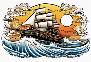 steam boat sailing out of the sun tattoo idea