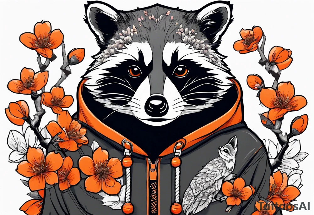raccoon wearing a black and white Superman hoodie and orange Japanese cherry blossoms tattoo idea