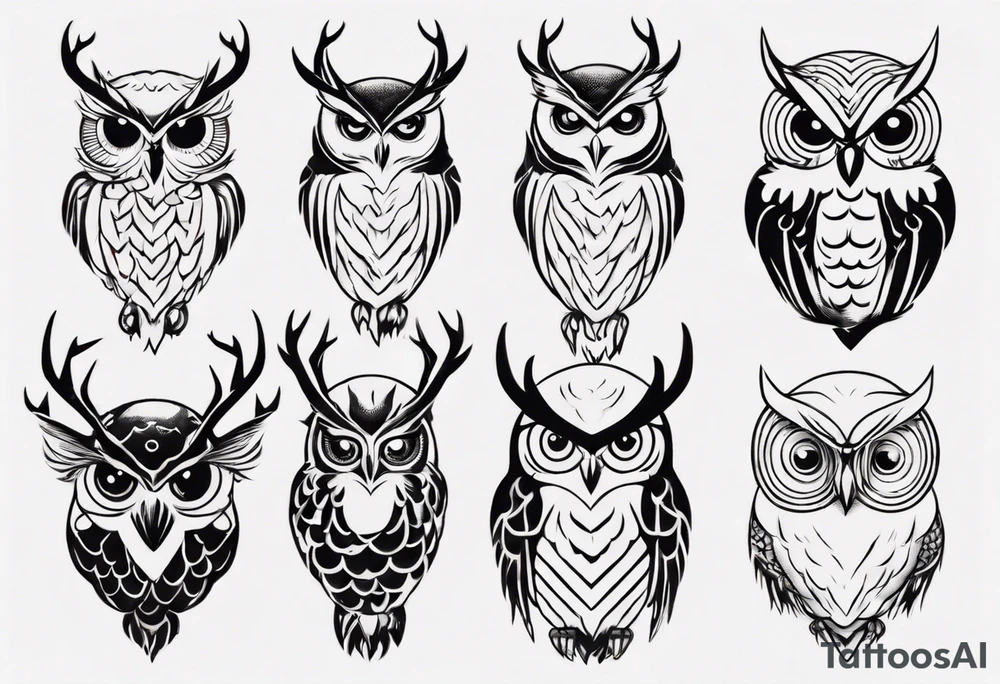Owl with glistering eyes and antlers sticking out of it's head tattoo idea