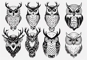 Owl with glistering eyes and antlers sticking out of it's head tattoo idea