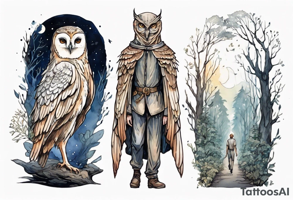 a tall thin medieval man with the head and wings of an owl walking on a forest path at night tattoo idea