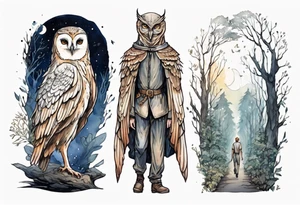 a tall thin medieval man with the head and wings of an owl walking on a forest path at night tattoo idea