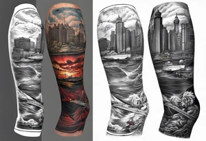 Full Leg sleeve. Red Tails African American Air Force, Buffalo Soldiers African American Army and Uss Mason African American Navy. with Kansas City Skyline and buildings intertwined and a Lion tattoo idea