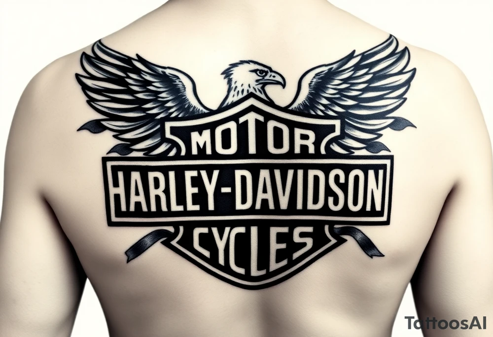 Harley Davidson logo with bald eagle American flag background shaded in tattoo idea