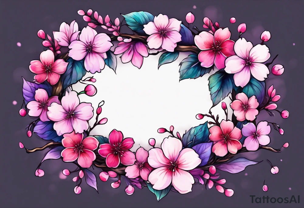 Flower wreath cherry blossoms pinks and purples tattoo idea