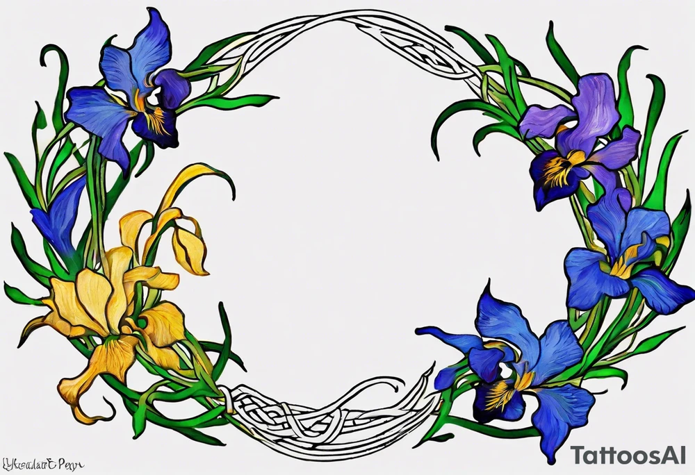 Create a small, colorful Vincent van Gogh Irises tattoo in the form of a crescent, with vines in Celtic knot style gracefully intertwining at a central point in the middle of the wreath. The intended placement is on the upper chest. The middle needs mountains. The overall design should be small in size while maintaining a delicate and artistic aesthetic. Pay attention to the graceful flow of the vines and the placement of the irises to achieve a refined and elegant look. tattoo idea