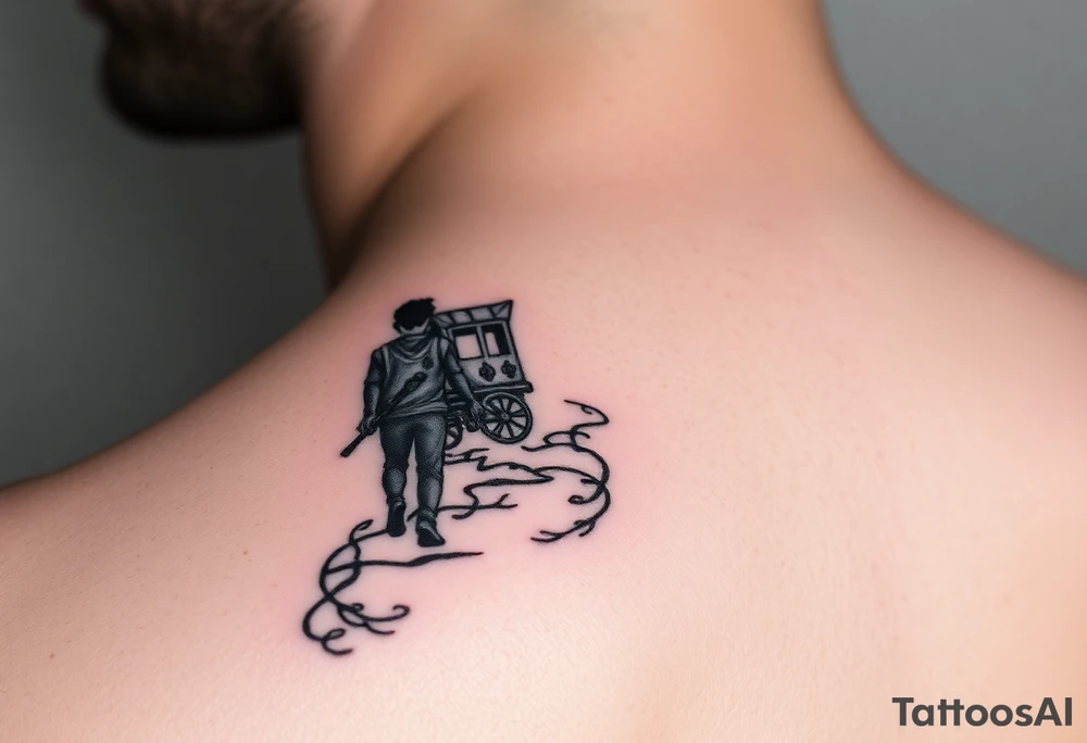 A boy walking up a forest path, DnD inspired, broken down carriage, tavern, glowing tunnel tattoo idea