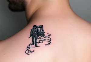 A boy walking up a forest path, DnD inspired, broken down carriage, tavern, glowing tunnel tattoo idea