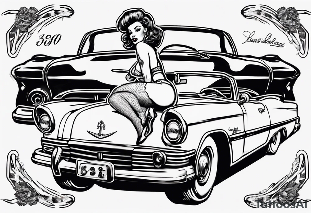 pinup doll laying on the hood of a classic vintage car tattoo idea