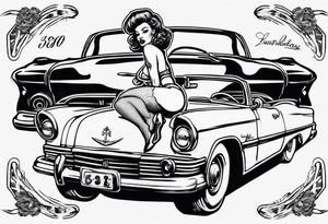 pinup doll laying on the hood of a classic vintage car tattoo idea