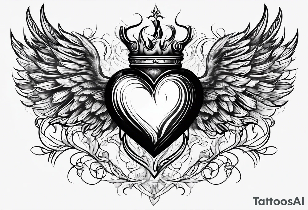 sacred heart with a real heart and flames coming out of the top and wings behind tattoo idea